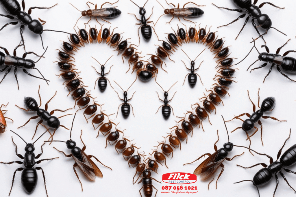 Heart shape made out of black ants and cockroaches with the Flick Logo off centre to the right hand side of image