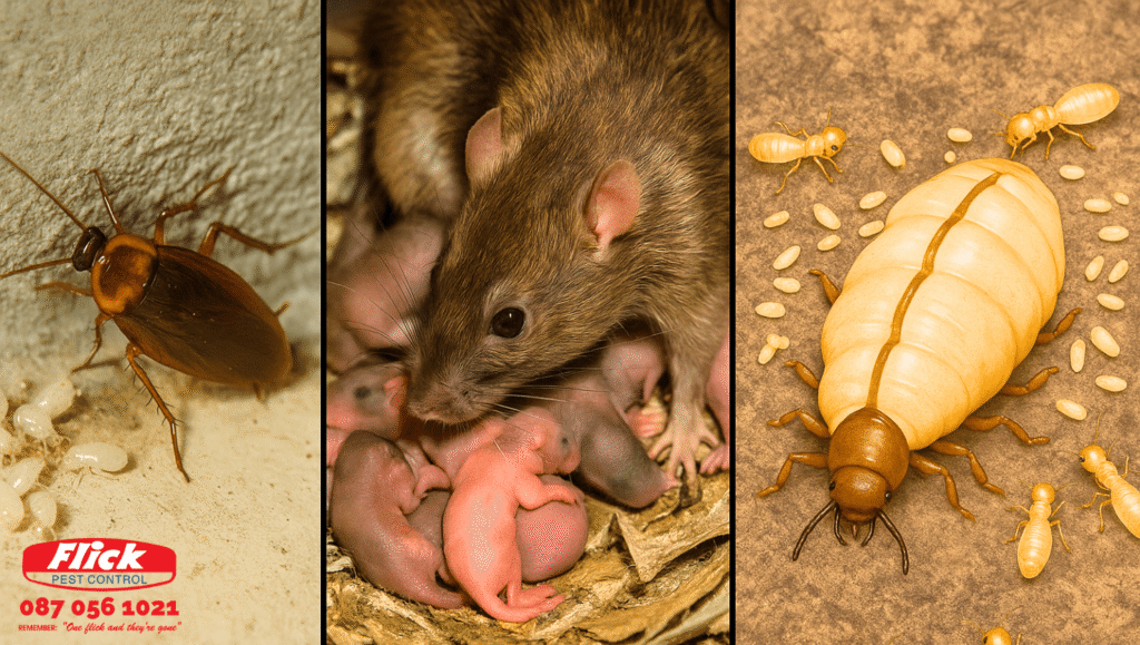 A split image showing three scenes side-by-side: Left: A cockroach with eggs or hatchlings in a dark corner Center: A rat with babies in a hidden nest Right: A stylised, magnified view of a termite queen surrounded by eggs/workers
