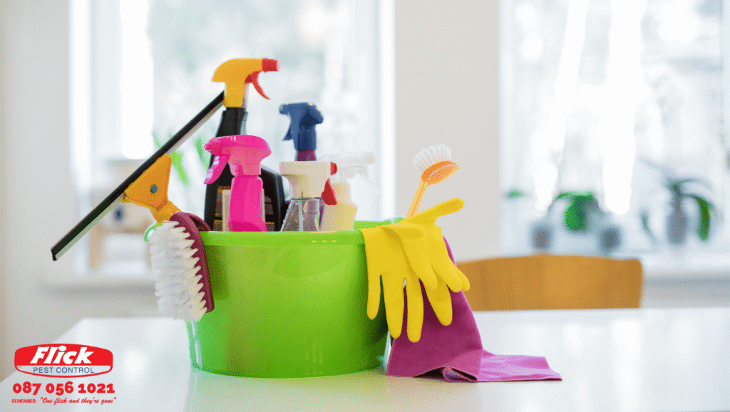 Bucket filled with cleaning supplies with the Flick logo located on the bottom right hand corner