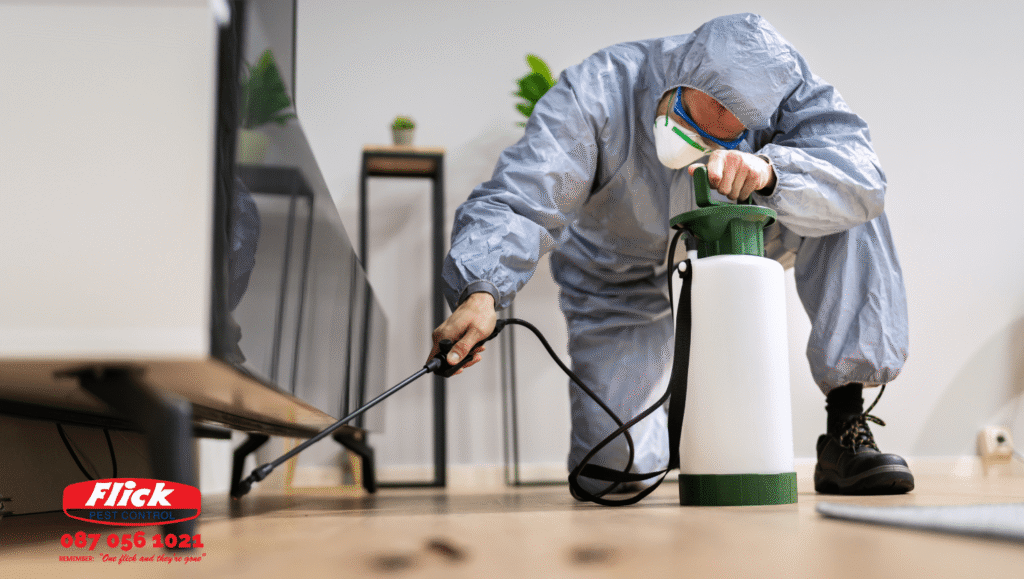 Pest Control service person spraying pest control under a couch to target cockroaches with the Flick pest control logo on the bottom left hand side